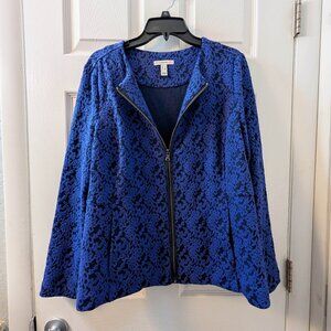 Issac Mizrahi Live! Blue Floral Jacquard Zip Front Jacket - Large
